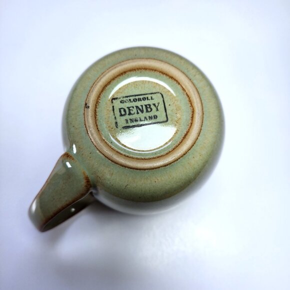 Denby Jug Creamer Pitcher Green Stoneware Pottery 12oz Tan Interior Brown Edges - Picture 7 of 9